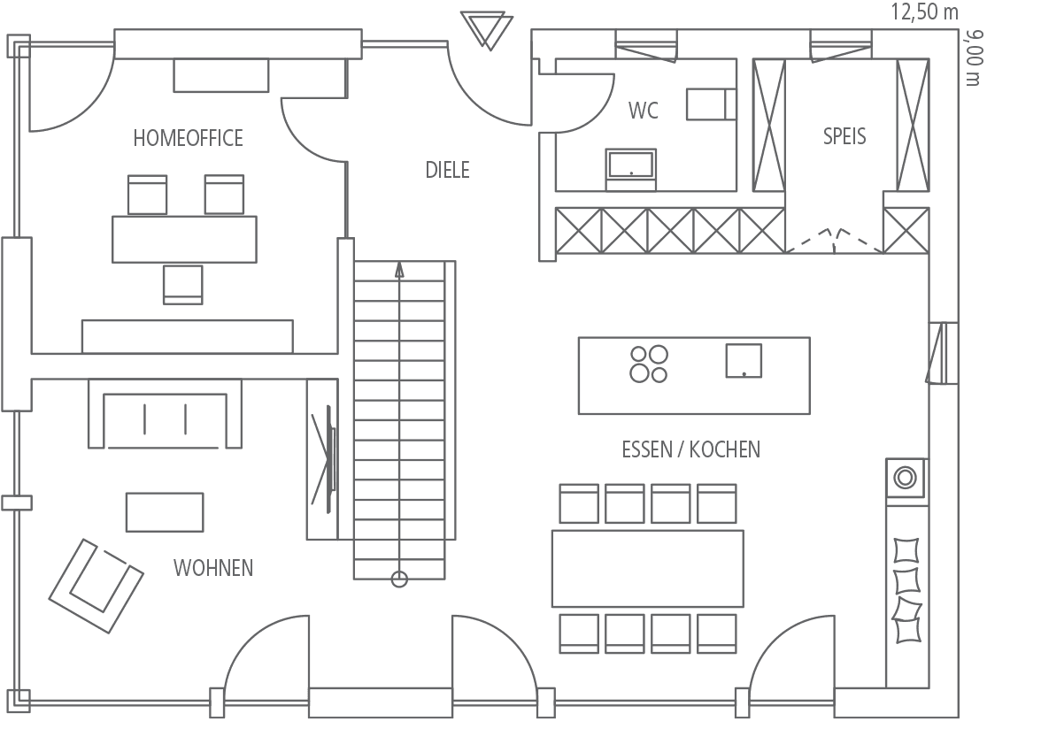 Grundriss Erdgeschoss mit Homeoffice, Diele, WC, Speise, Wohnbereich und Essen/Kochen.