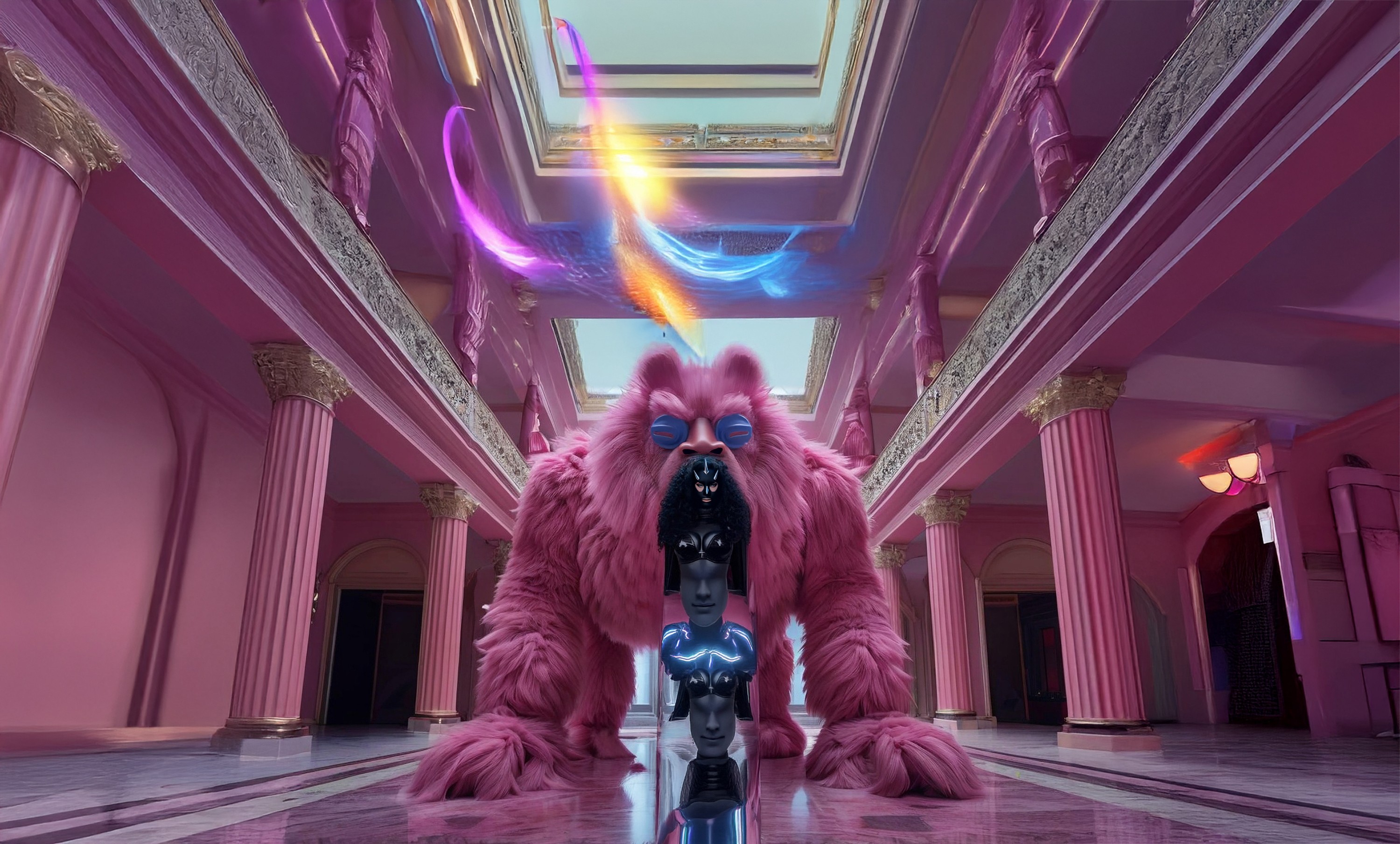 Futuristic and stylized image creation of pink being in a pink room