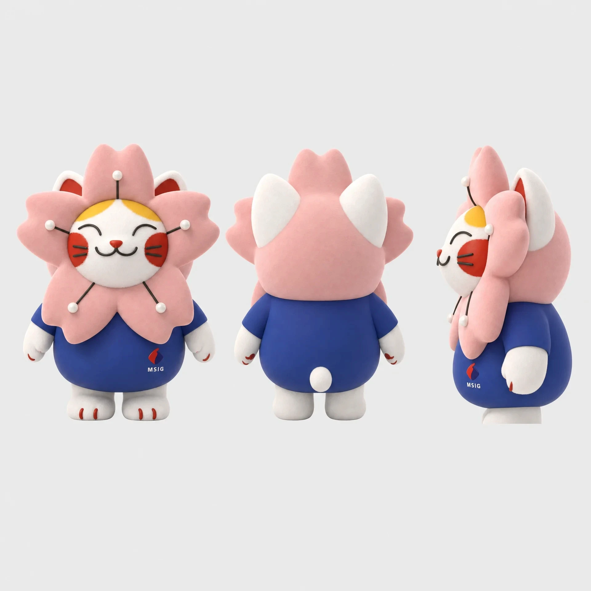 3D plush turnaround of Mamori-chan showing front, back and profile