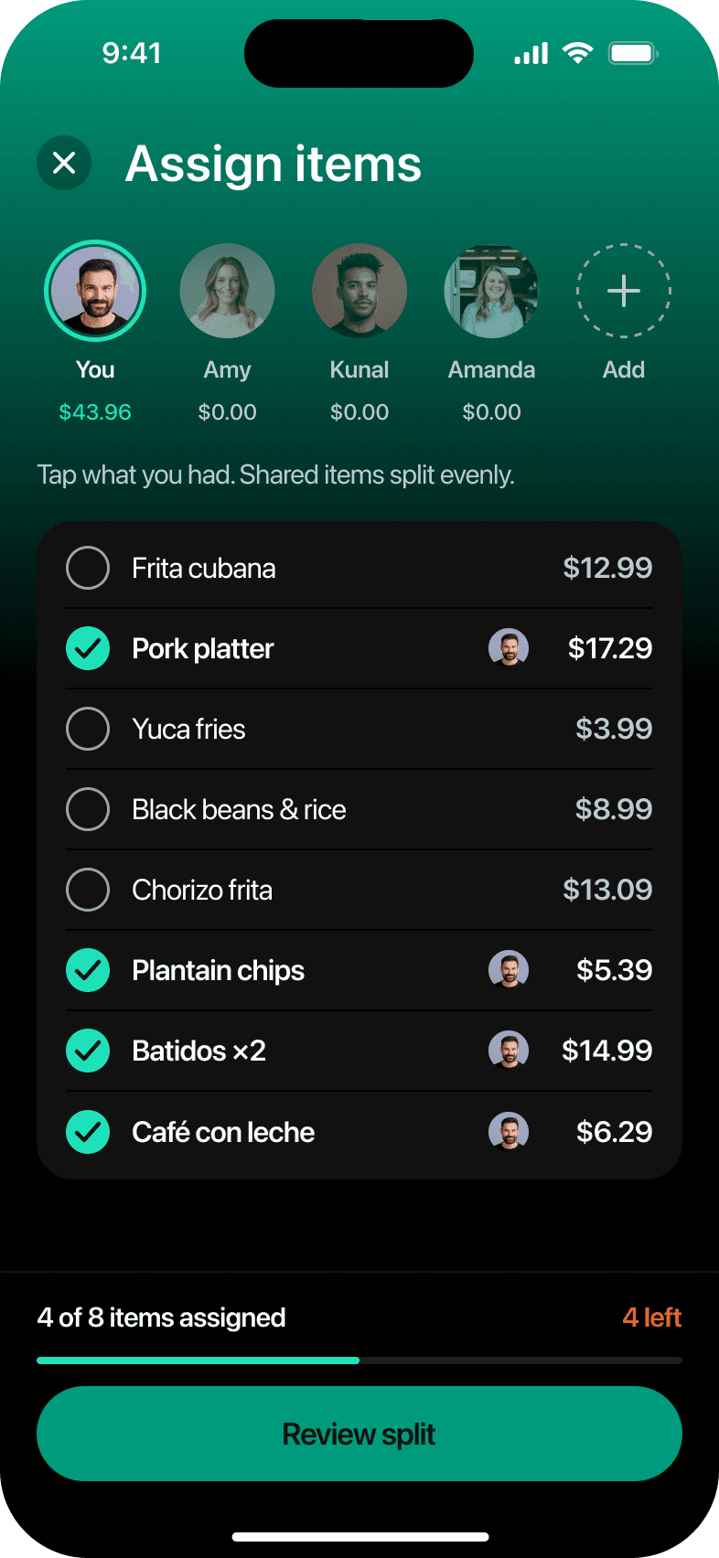 Assign items, You selected, 4 taps in