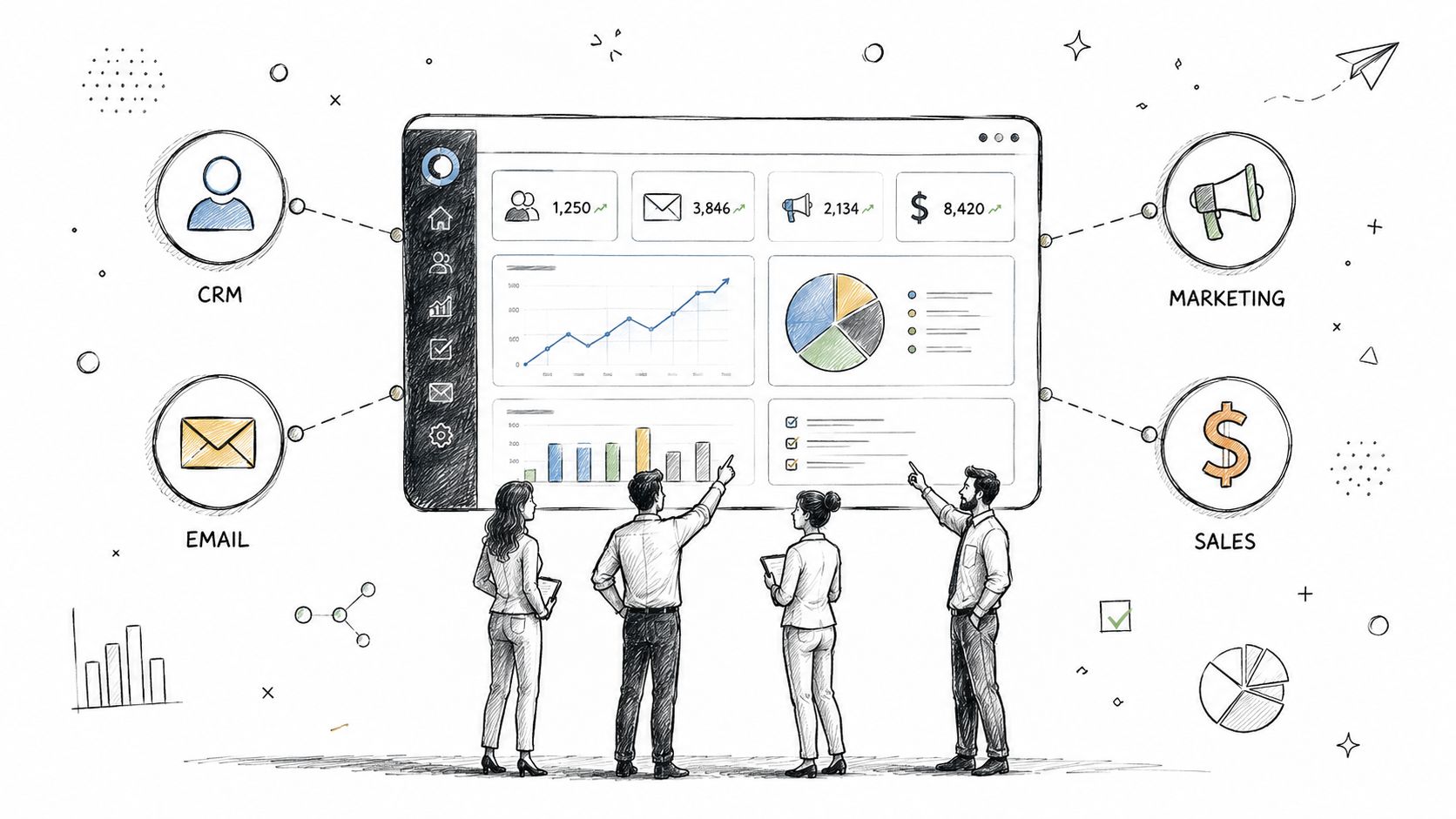A team of professionals collaborating and analyzing digital marketing metrics on a large interactive dashboard screen.