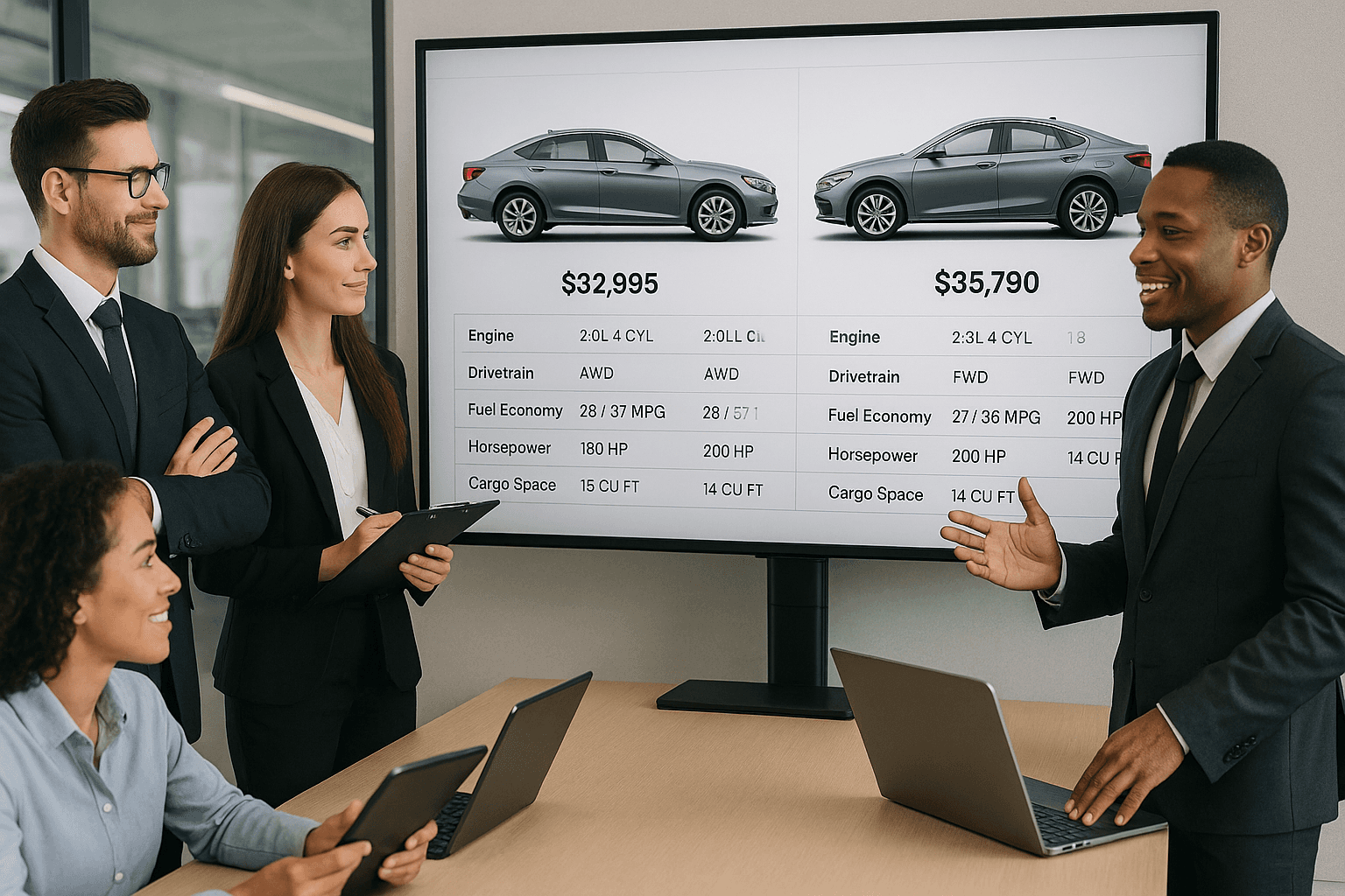 A dealership team gathered around a large digital display or tablet, reviewing vehicle comparison data together. Everyone is engaged, confident, and aligned. The screen should show side-by-side comparisons or vehicle specs in a clean UI.