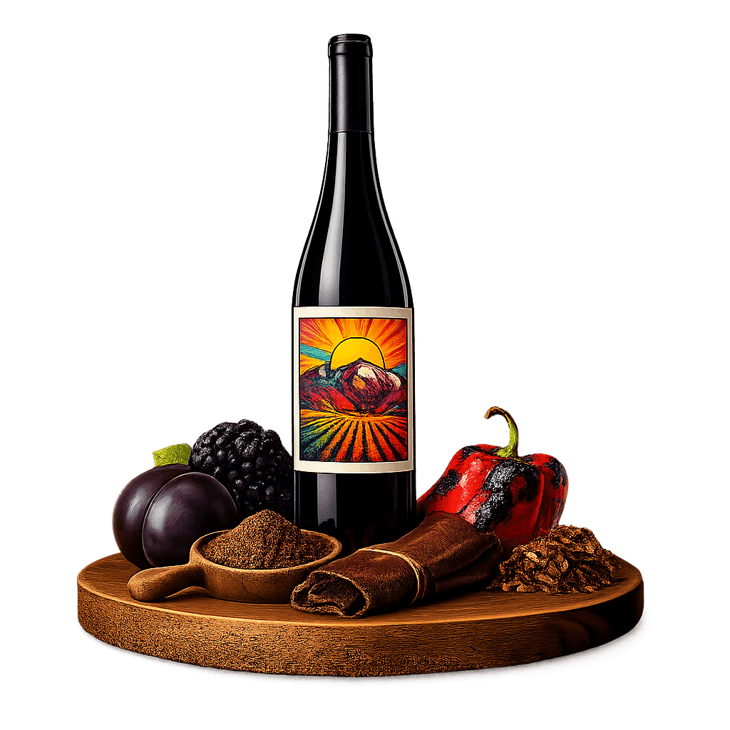 Artistic label and flavor profile for Argentinian Mendoza Red Blend on a rustic wooden table.