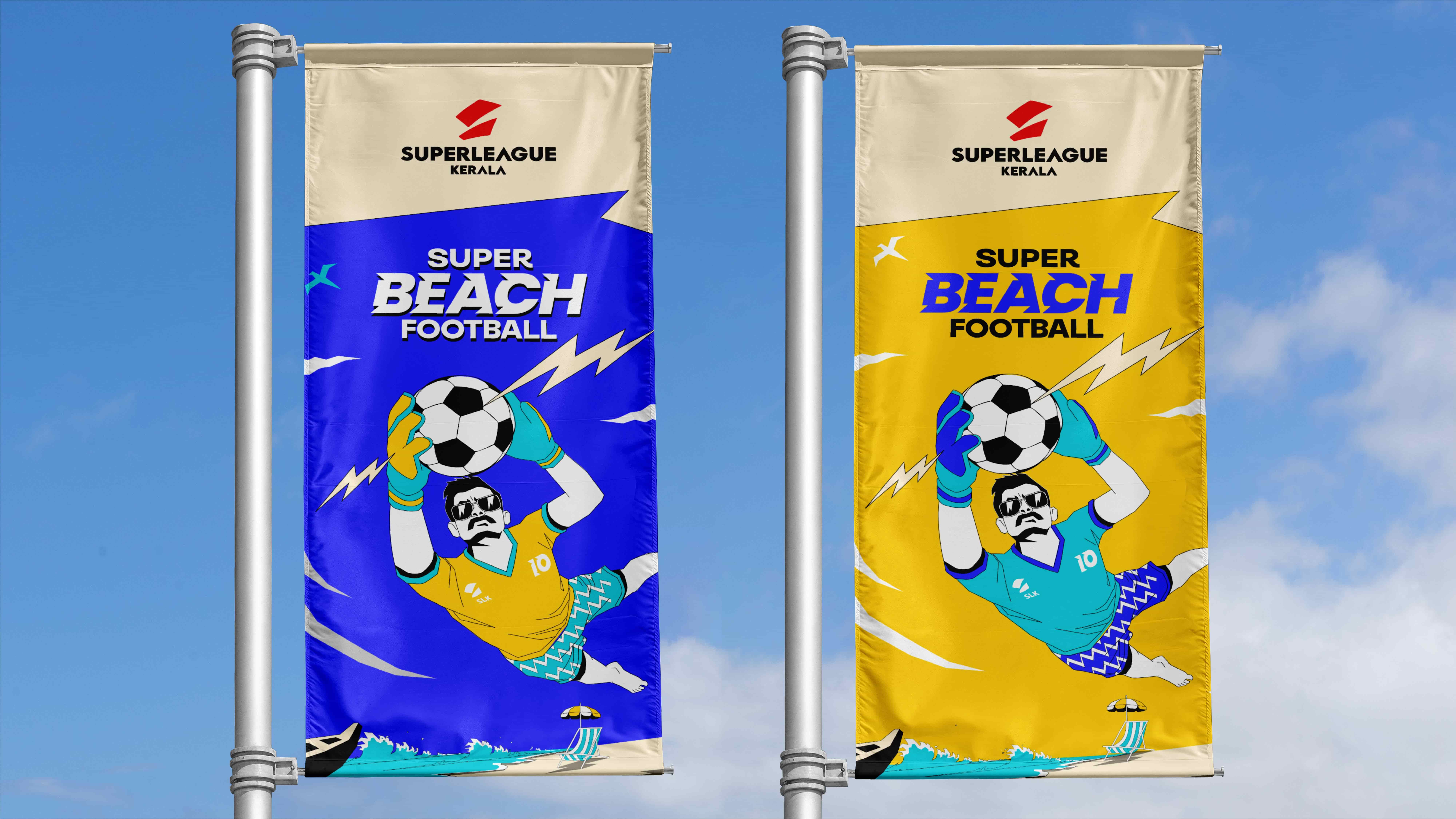 Super League Kerala brand system by BMEG, focusing on the iconic "Super Crazy" red aesthetic and culturally rooted football graphics that reject generic global sports styles for local belief.