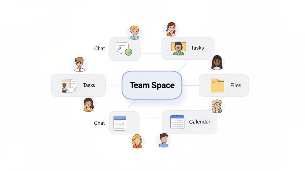 Diagram showing a 'Team Space' connected to chat, tasks, files, and calendar with diverse team members.