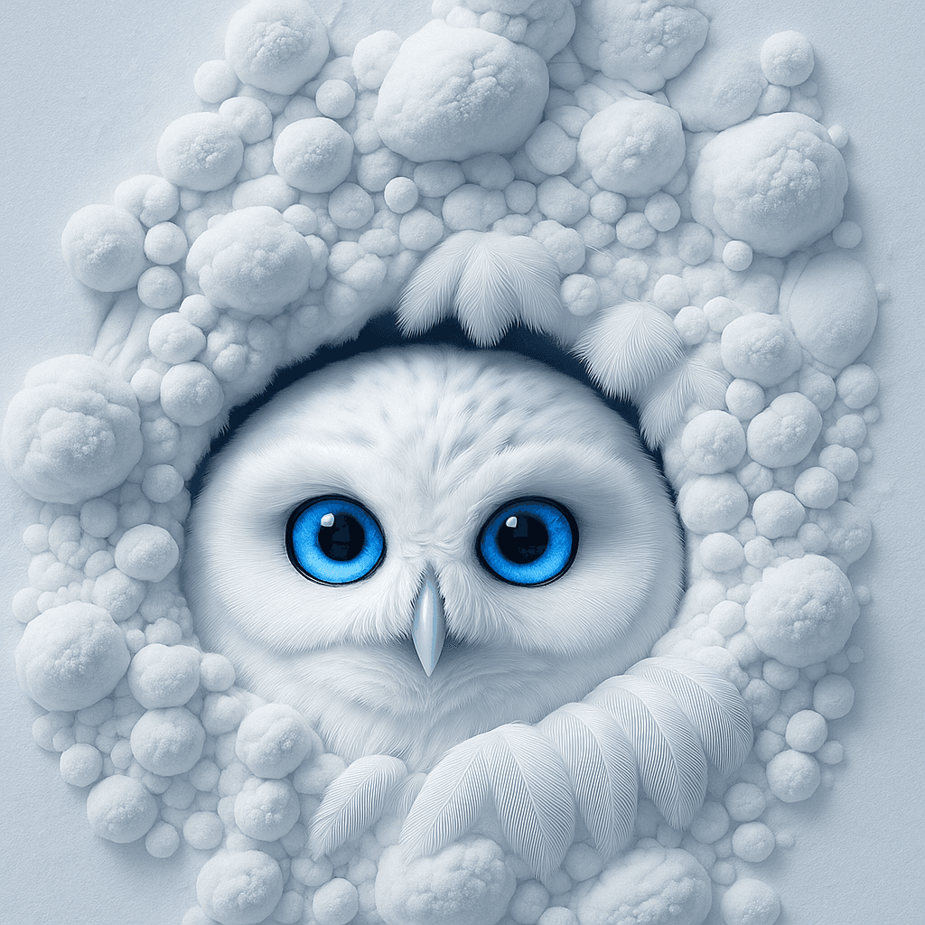 Close-up illustration of a white owl with bright blue eyes, representing AI intelligence and clarity.
