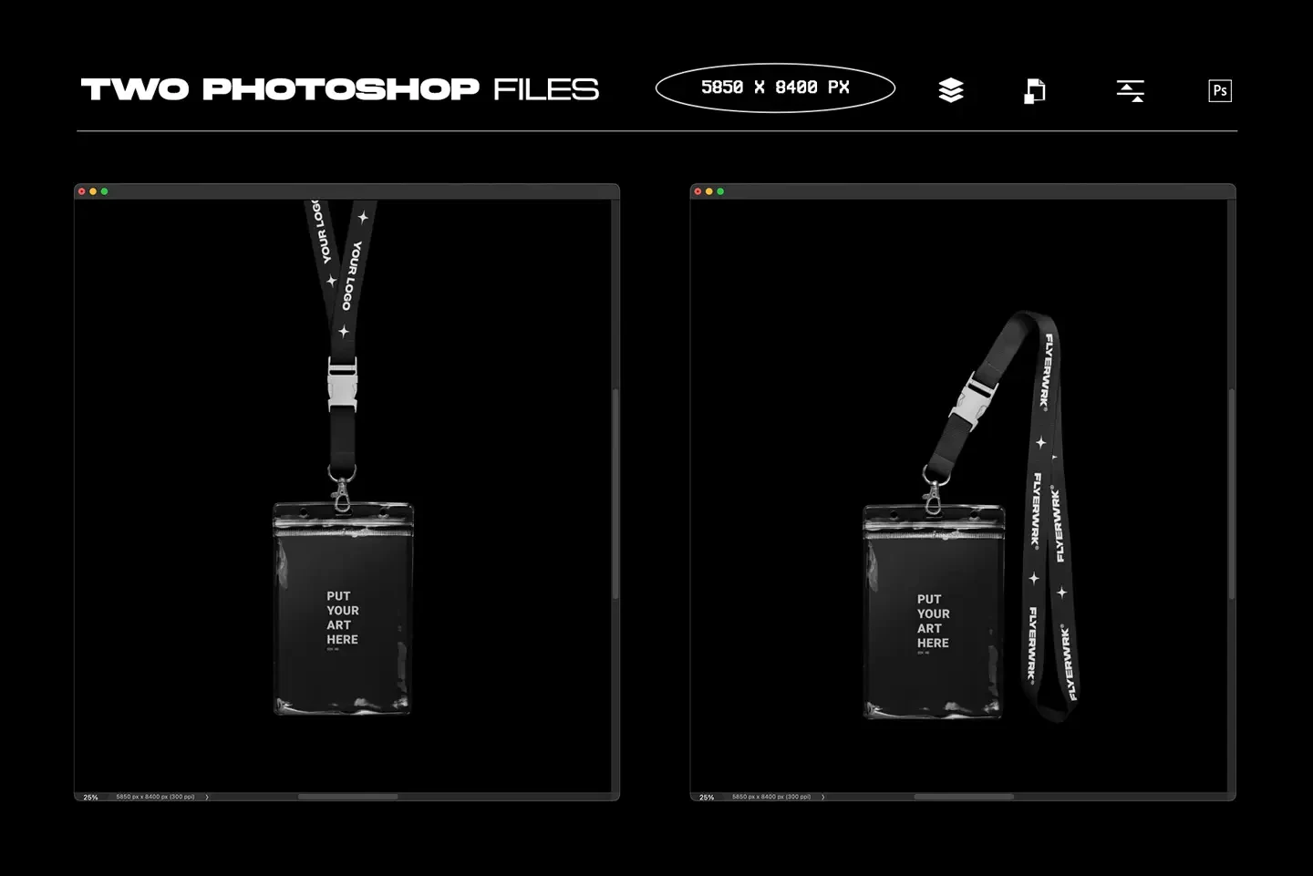 Preview of two high-resolution Photoshop files included in the authentic lanyard and ID badge mockup