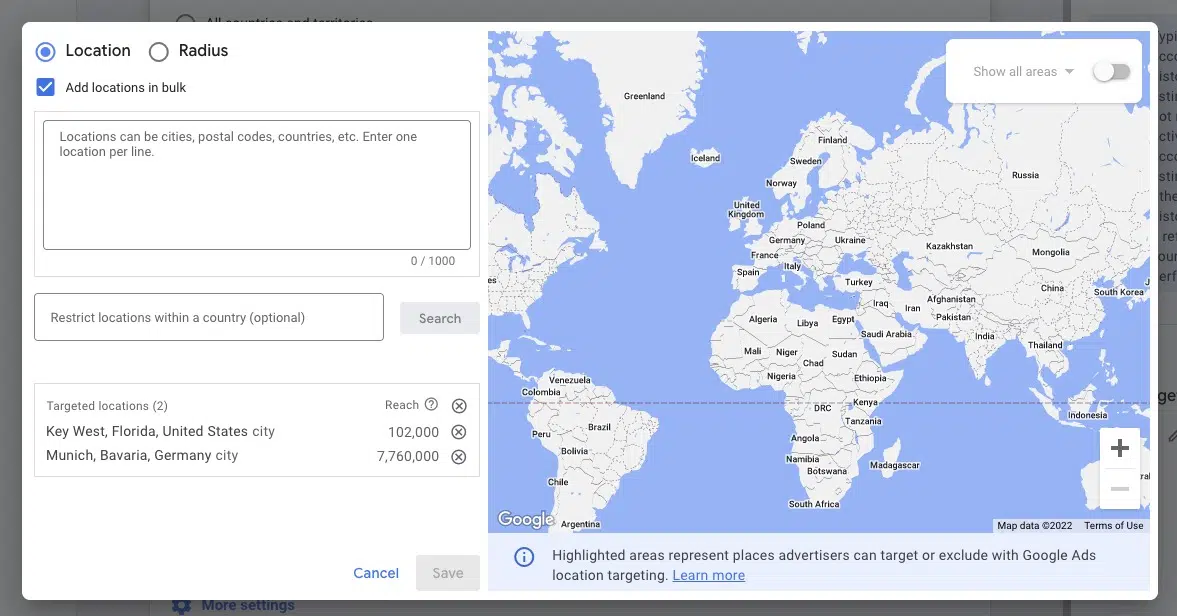 Screenshot Google Performance Max. Settings for the geographical display of the advertising campaign