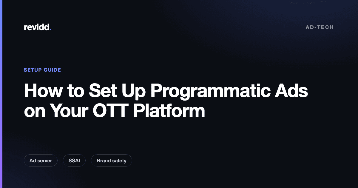 Diagram of a programmatic ad workflow on an OTT platform showing SCTE-35 cue points, an SSAI stitcher, and an ad server returning ad pods