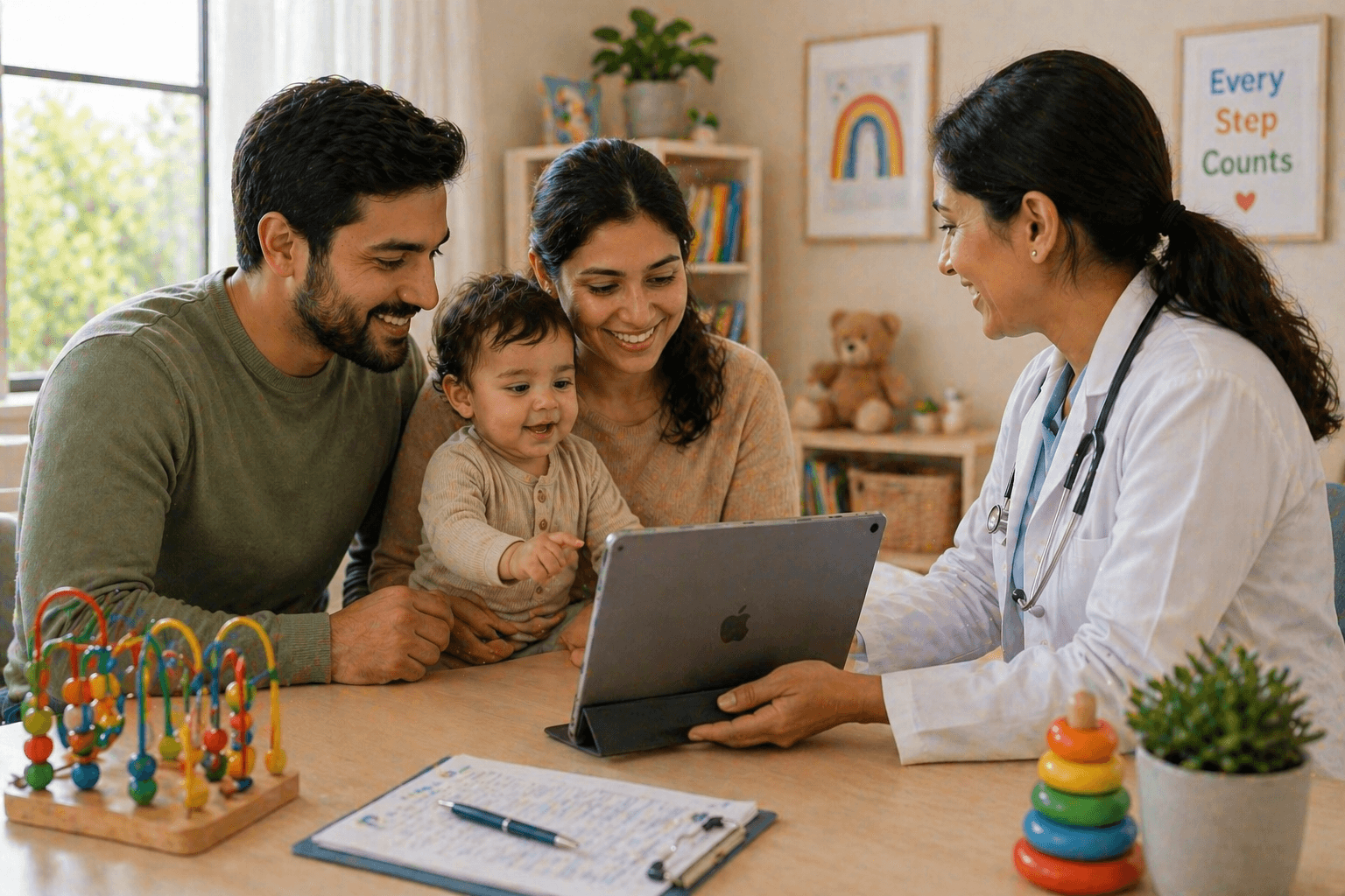 A smiling family with a baby sits at a wooden table engaged with a healthcare professional, who is showing them information on a tablet, in a warmly decorated pediatric clinic featuring a rainbow poster and toys.