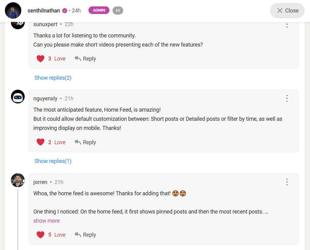 A screenshot from the Wylo customer community’s comment section, showcasing enthusiastic messages of appreciation and praise from users for the newly launched Home Feed feature. Customers are expressing love, gratitude, and excitement about the update.