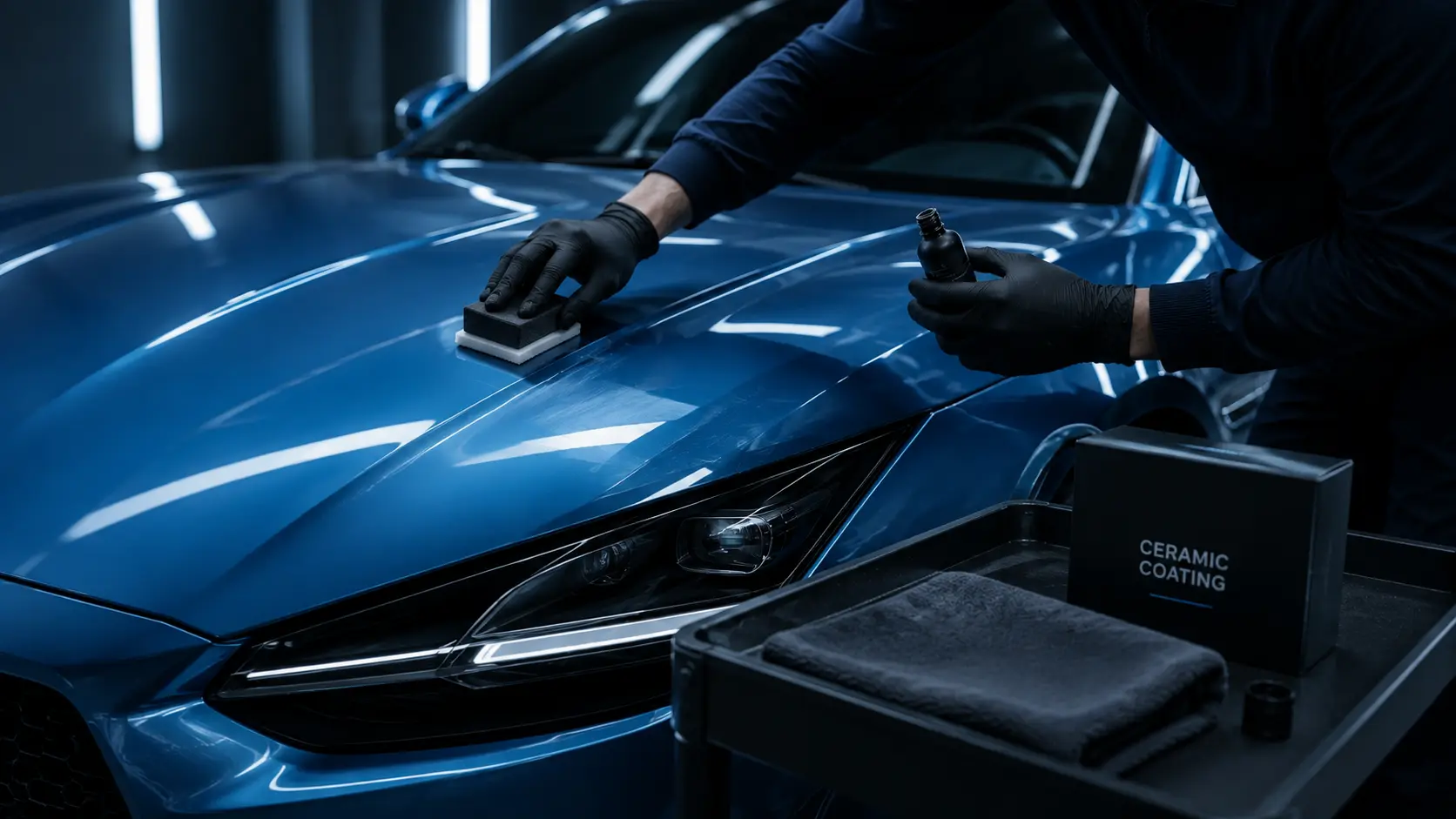 Person applying ceramic coating liquid to a car with a microfiber cloth