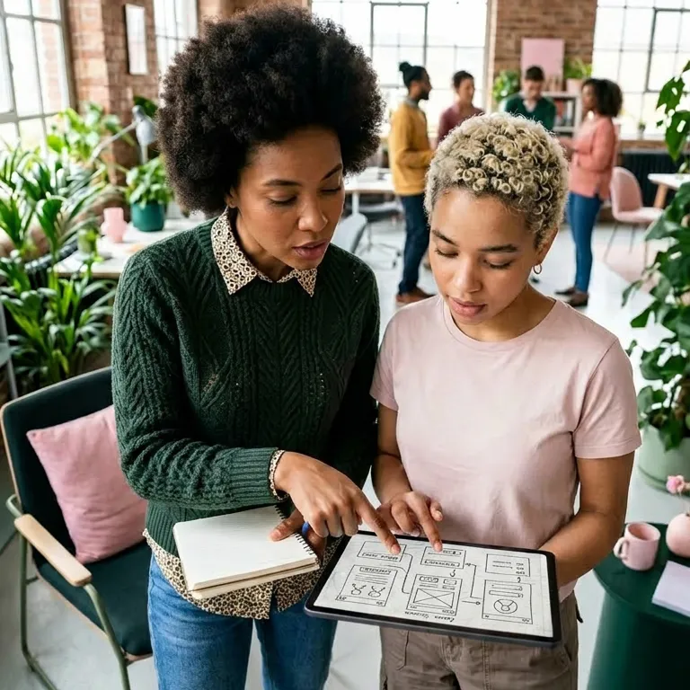 Deux consultantes DAJM en agence analysant un wireframe UX sur tablette, illustrant notre expertise en "Sites web et expérience digitale" pour concevoir des interfaces intuitives et centrées sur l'utilisateur.