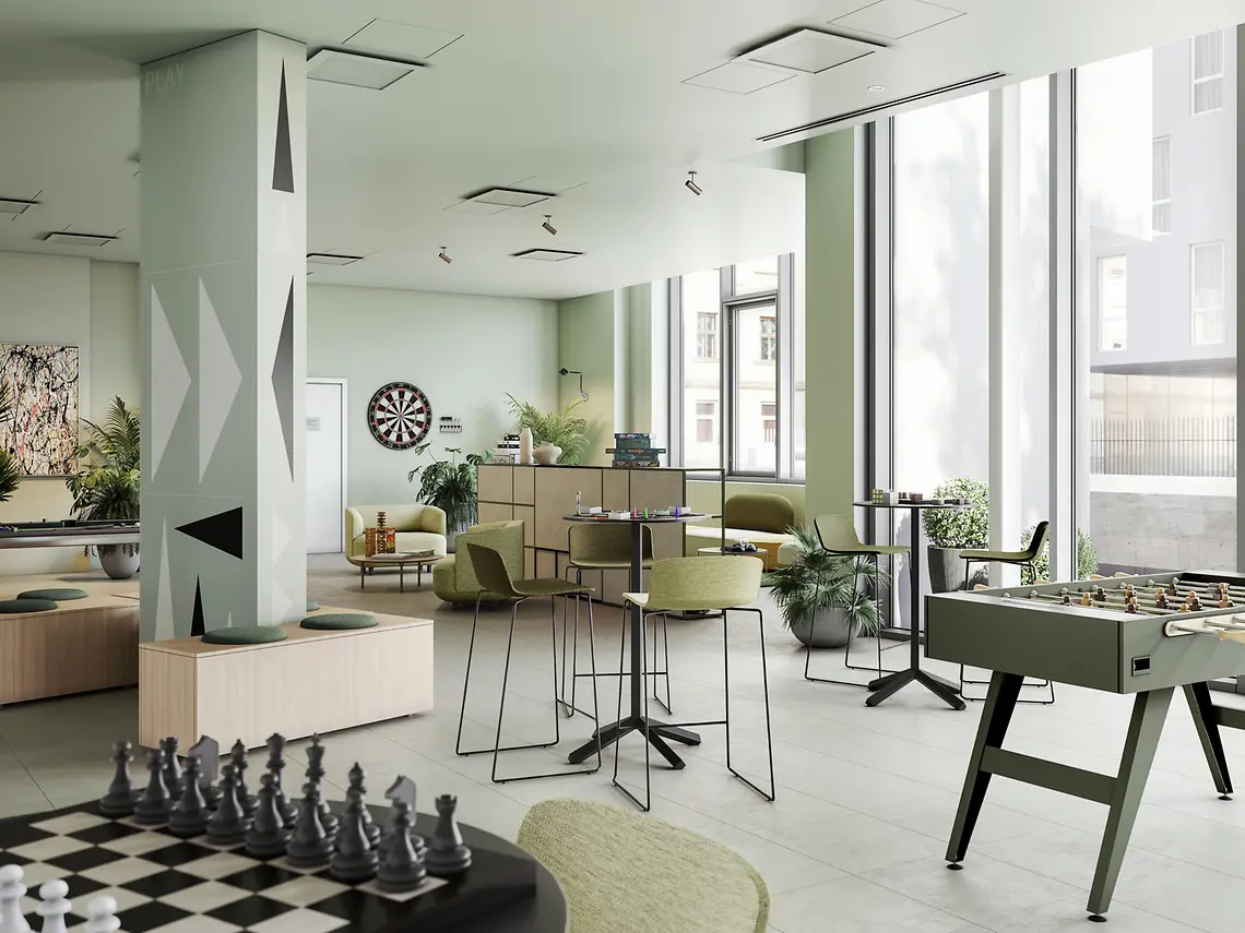 Games room with foosball, chess and darts at Florentia Living student accommodation, Florence