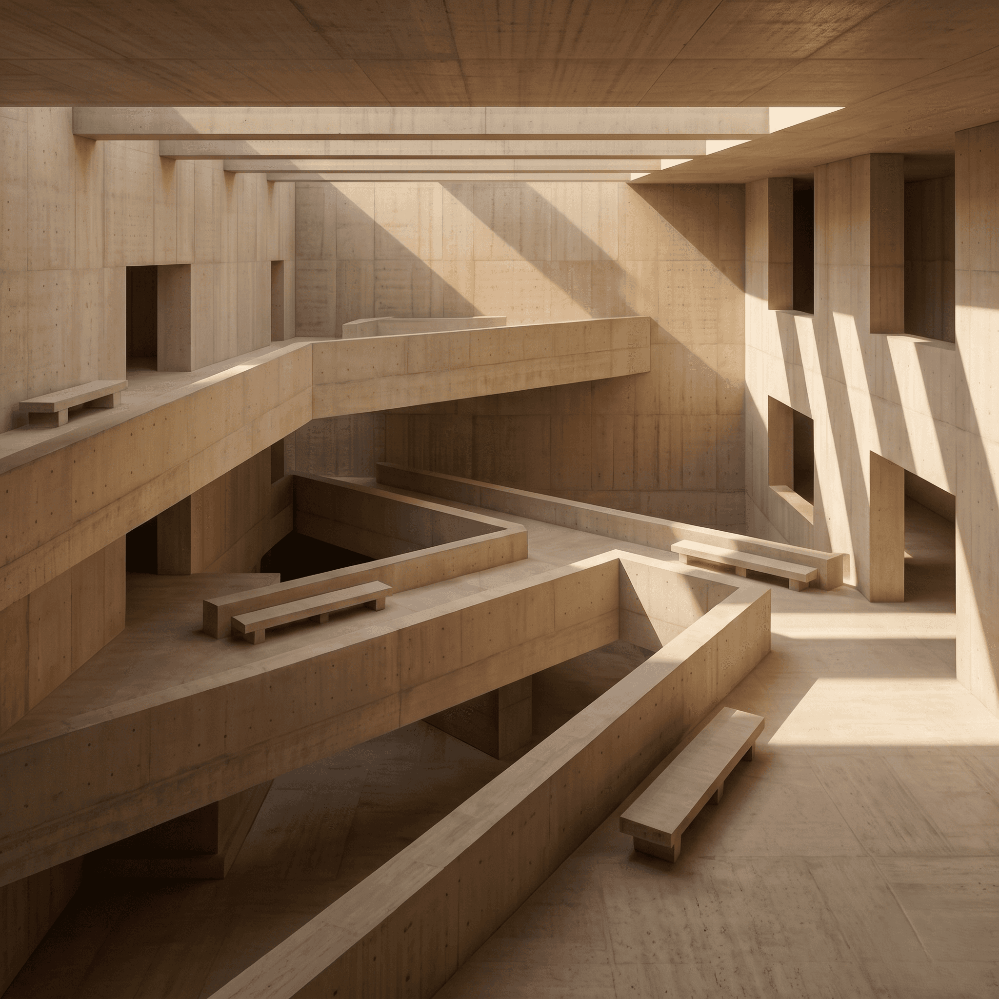 a corridor with sun rays and tall pillars 