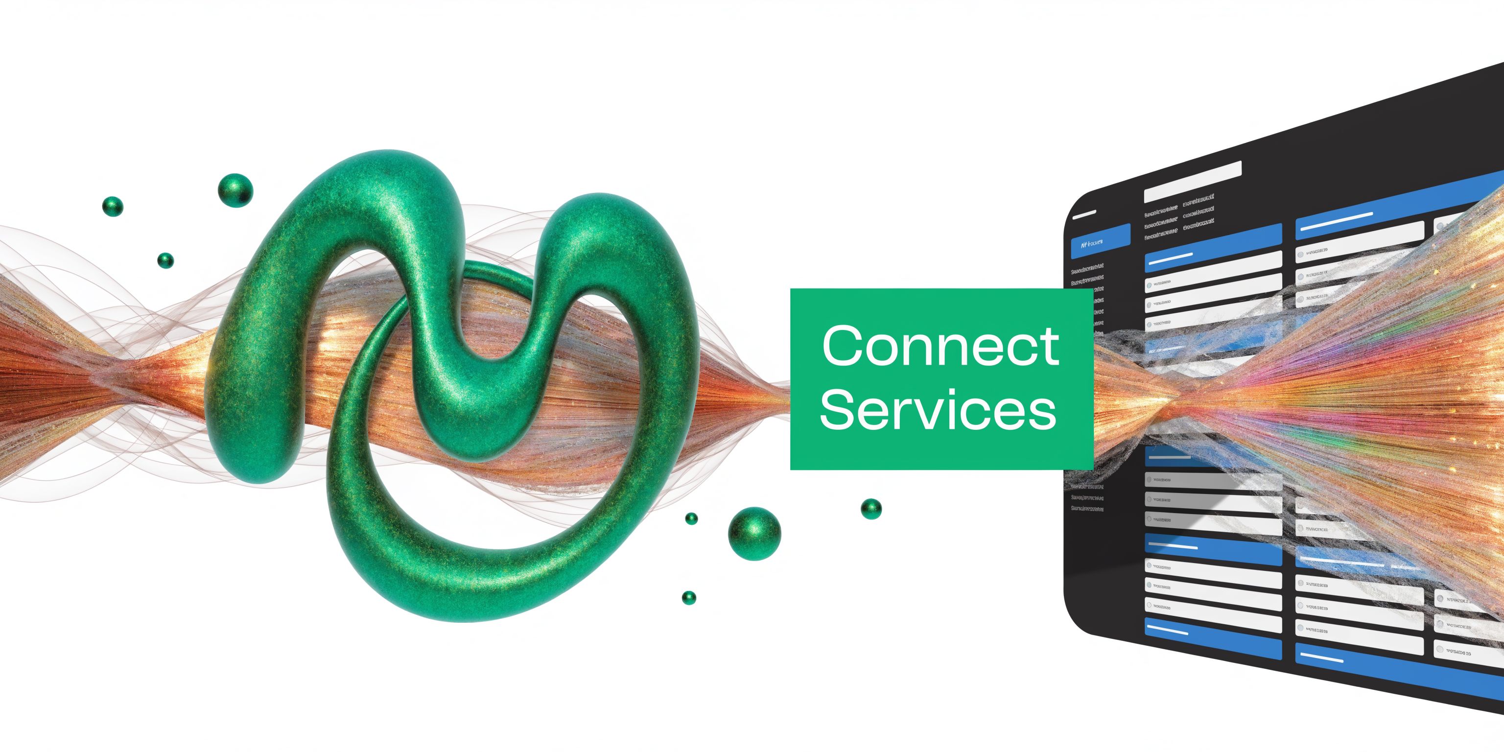 A 3D green abstract shape and a digital interface representing M-Pesa business services connectivity and technology integration.