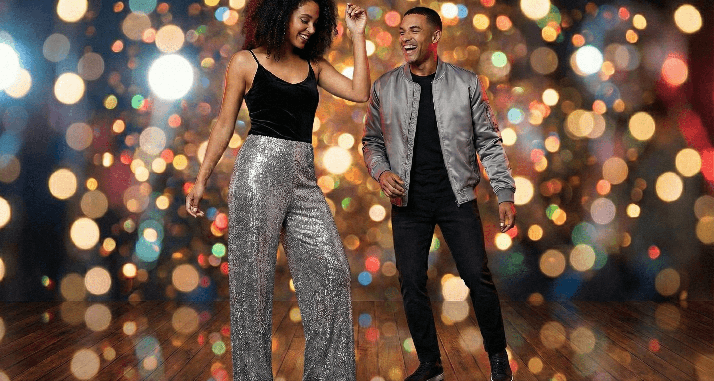 Chic holiday fashion spread featuring monochrome black and silver outfits, crafted for people specifically searching for Christmas looks that avoid red and green but still feel seasonal.