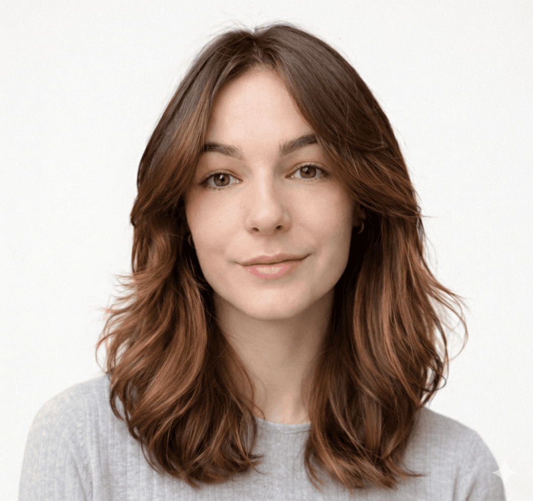 A person with wavy light hair stands facing slightly to the left, wearing a striped shirt against a neutral background.