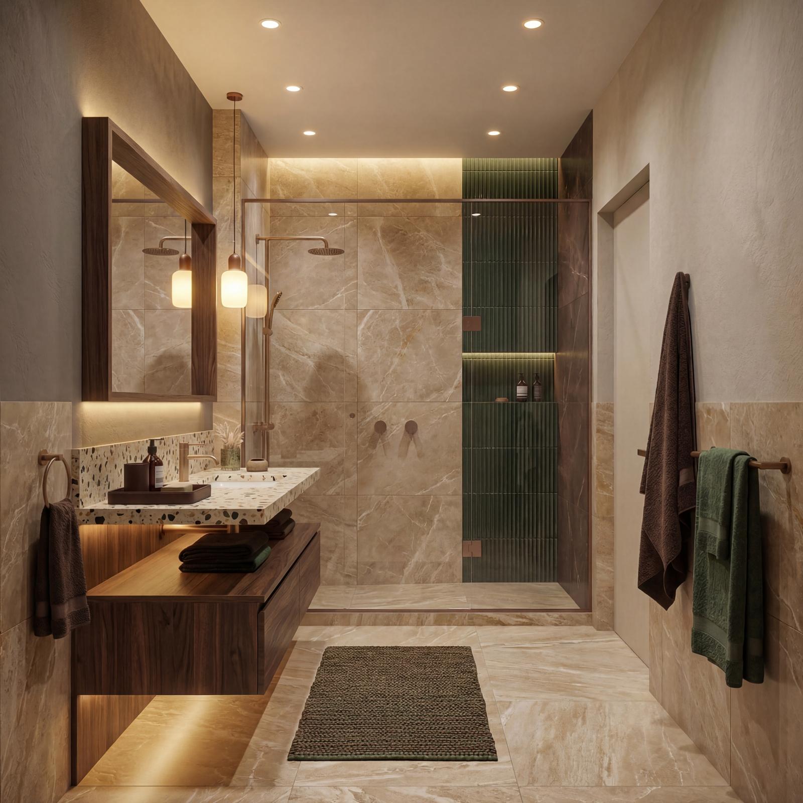 Rendering del secondo bagno moderno con doccia a filo pavimento e finiture di design, dettaglio interni per nuovi appartamenti nell'area metropolitana di Torino (Collegno).
