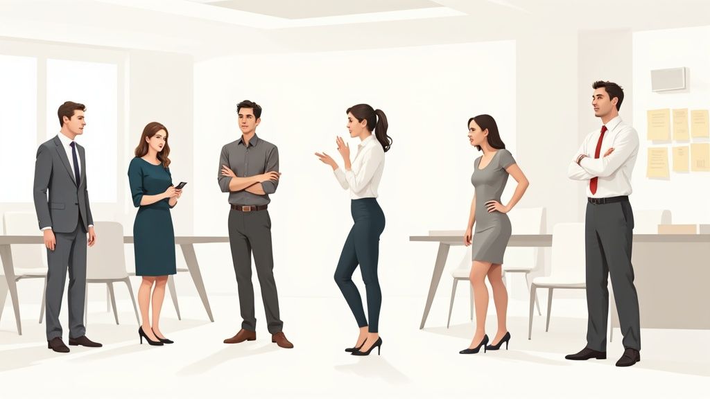 Six diverse business professionals stand and interact in a bright, modern office setting.