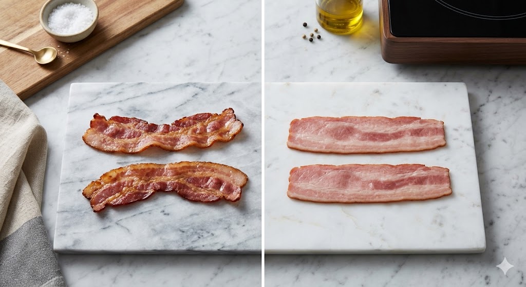A comparative overhead view of raw pork bacon strips (left) and raw turkey bacon strips (right) placed side-by-side on white marble slabs, showcasing their distinct natural and processed meat textures.