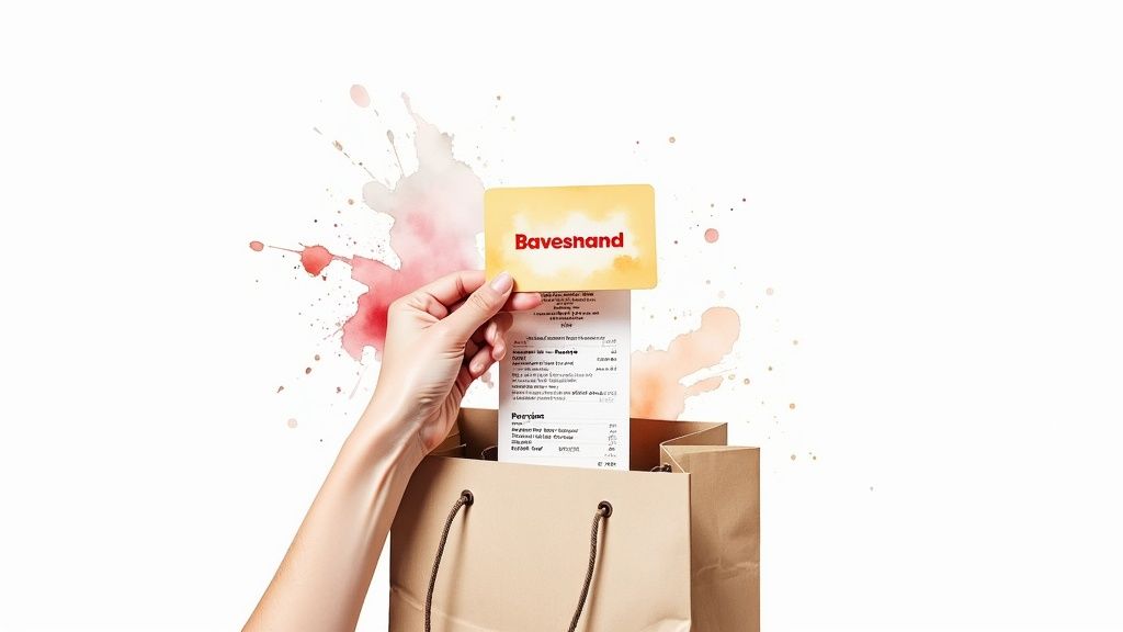 A hand holds a yellow 'Bavesnand' loyalty card over a shopping receipt and a brown bag.