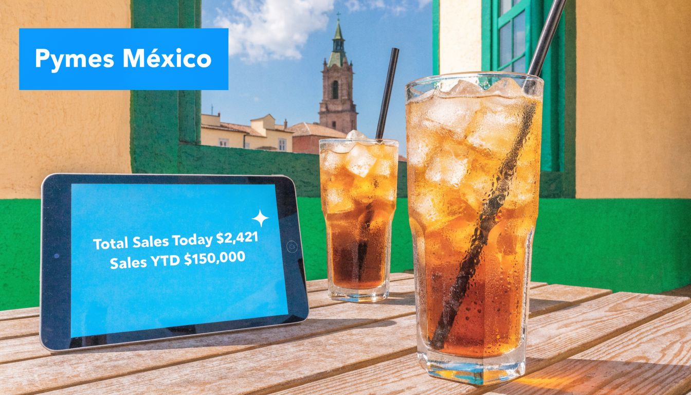 Una tableta digital mostrando cifras de ventas diarias y anuales junto a dos bebidas frías en exteriores.