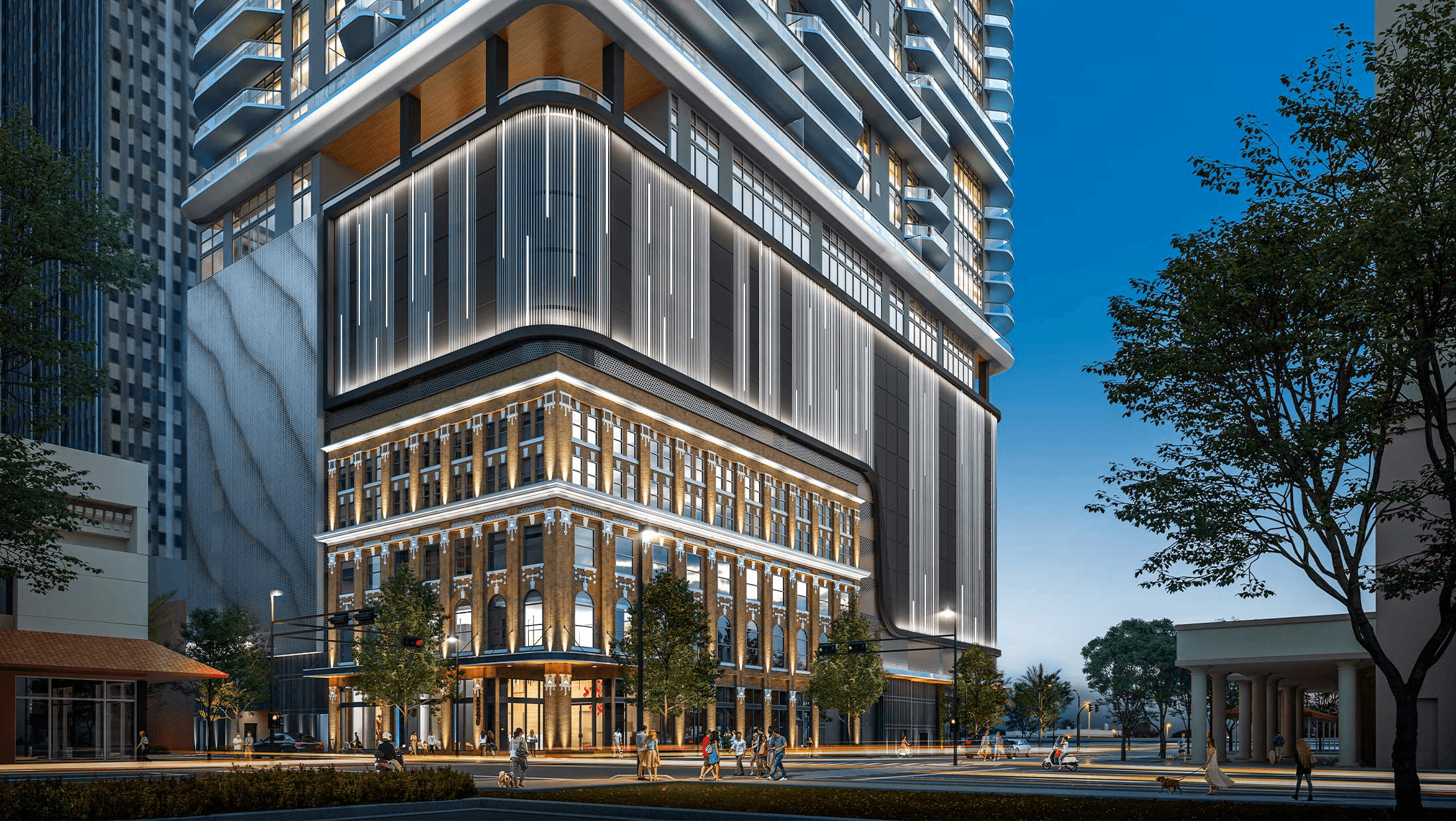 One Tampa ground-level retail and mixed-use podium with residential tower rising above in downtown Tampa