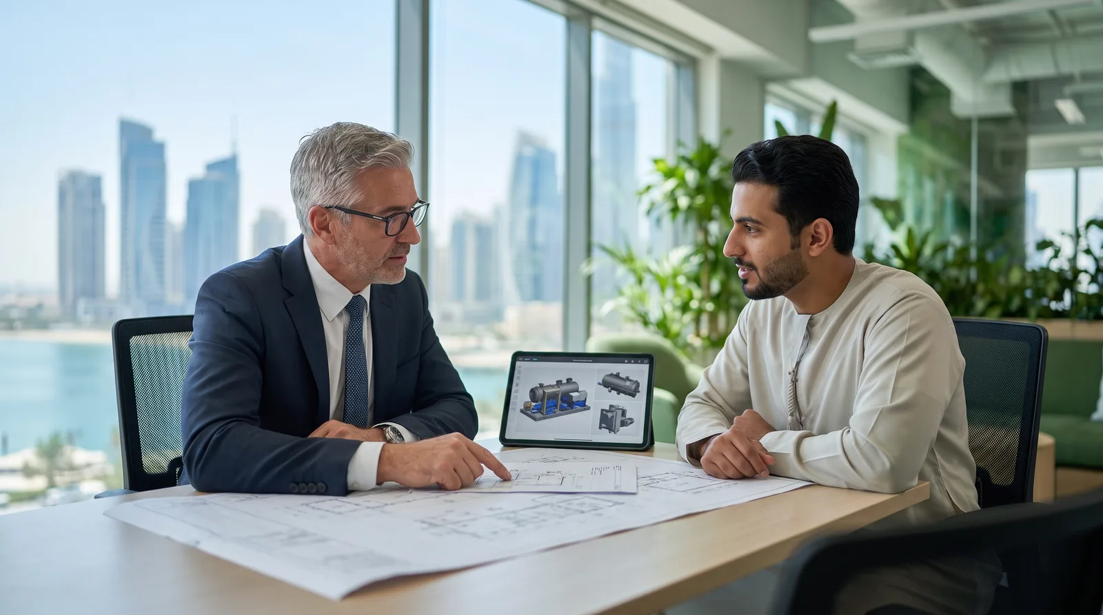 German founder reviewing trade and shipping plans near Dubai port containers