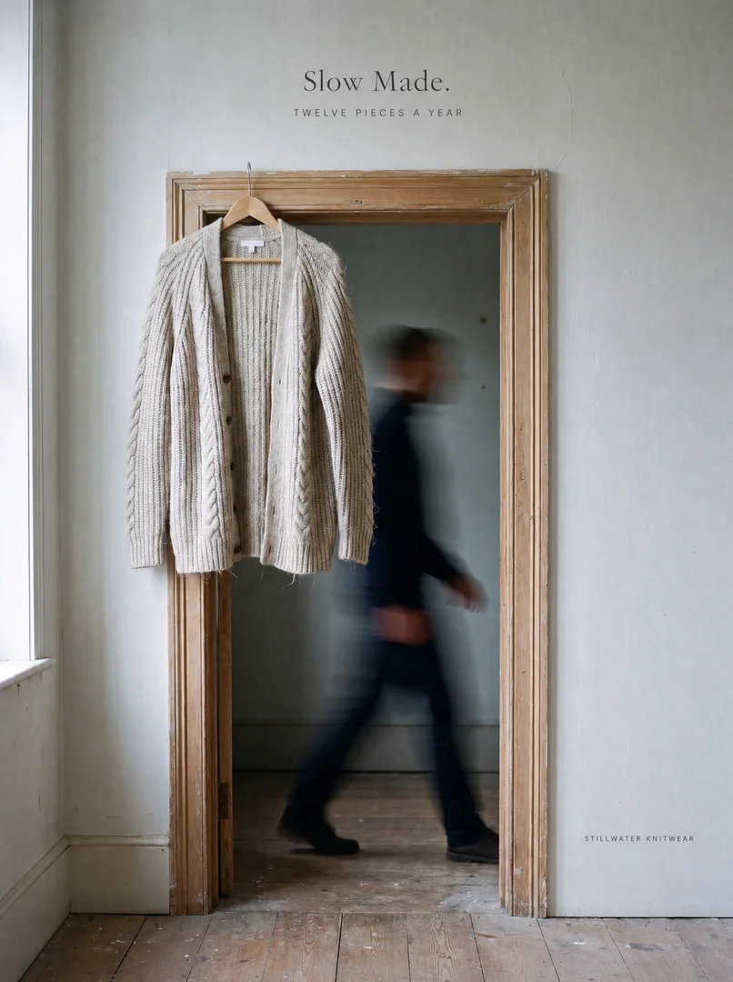 Stillwater Knitwear ad: Slow Made. A cable-knit cardigan hangs in front of a wooden mirror.