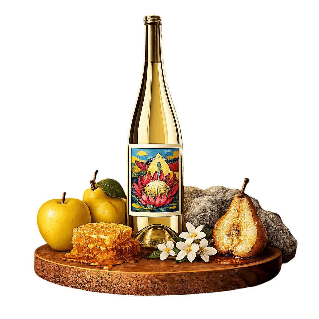 Artistic label and flavor profile for South African Sauvignon Blanc on a rustic wooden table.