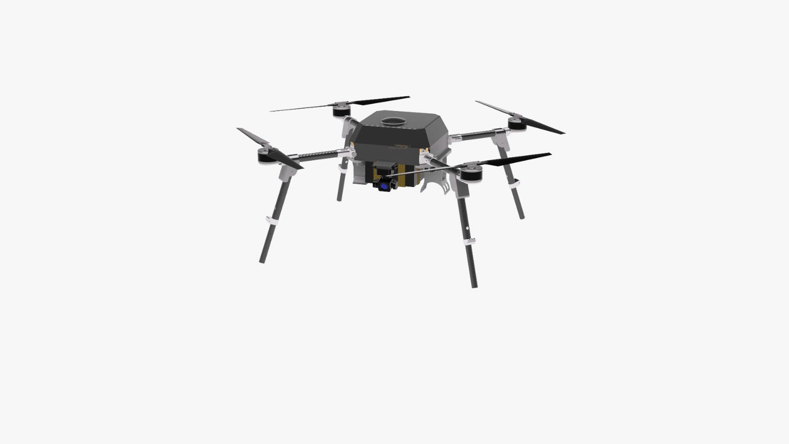 The airframe in its deployed flight configuration, from the CAD model. What to read from it is the geometry the folding architecture has to produce on demand: arms out to full span, telescopic legs extended below. The central body is enclosed by a canopy here, so the plate stack described in Section 2 is not visible in this view.