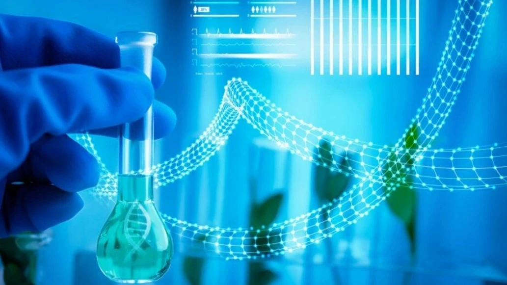 High school students in RISE Research summer STEM programs exploring genetics and biotechnology; gloved hand holds test tube with DNA and data visuals in background.