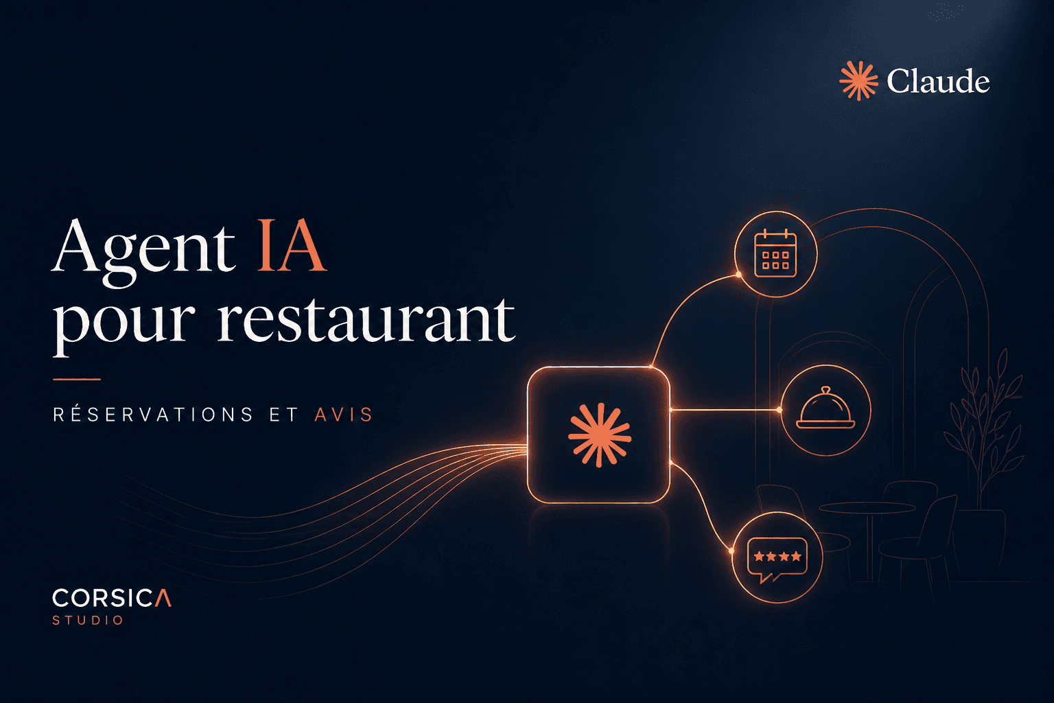 Agent IA Claude pour restaurant, illustration premium Corsica Studio sur automatisation des réservations, gestion des avis clients et optimisation de l’expérience restaurant.