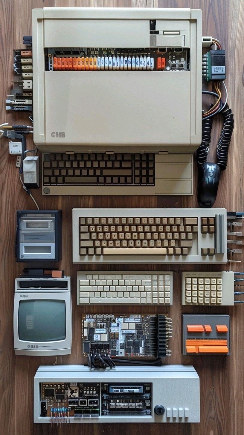 Top-down arrangement of vintage computers, keyboards, circuit boards, and peripherals.