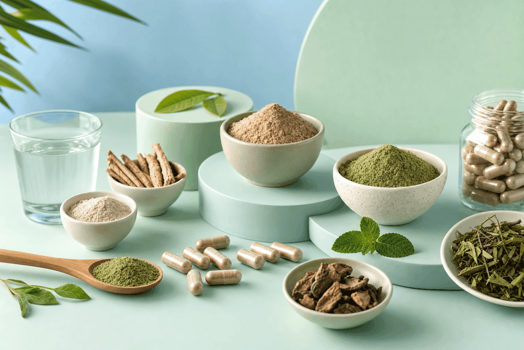 A clean, modern still life of a selection of energy-boosting supplements such as capsules, powders, and herbal leaves arranged neatly on a soft, pastel surface. The background features subtle gradients in mint green and pale blue, evoking a fresh, rejuvenating atmosphere. Soft, diffused lighting adds gentle reflections and a sense of calm clarity. No characters, text, or humans are present.