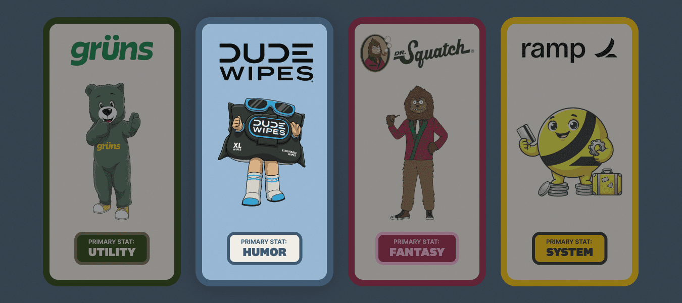 Stylized brand cards highlighting DUDE Wipes’ humor-led positioning alongside Grüns, Dr. Squatch, and Ramp as examples of different growth foundations.
