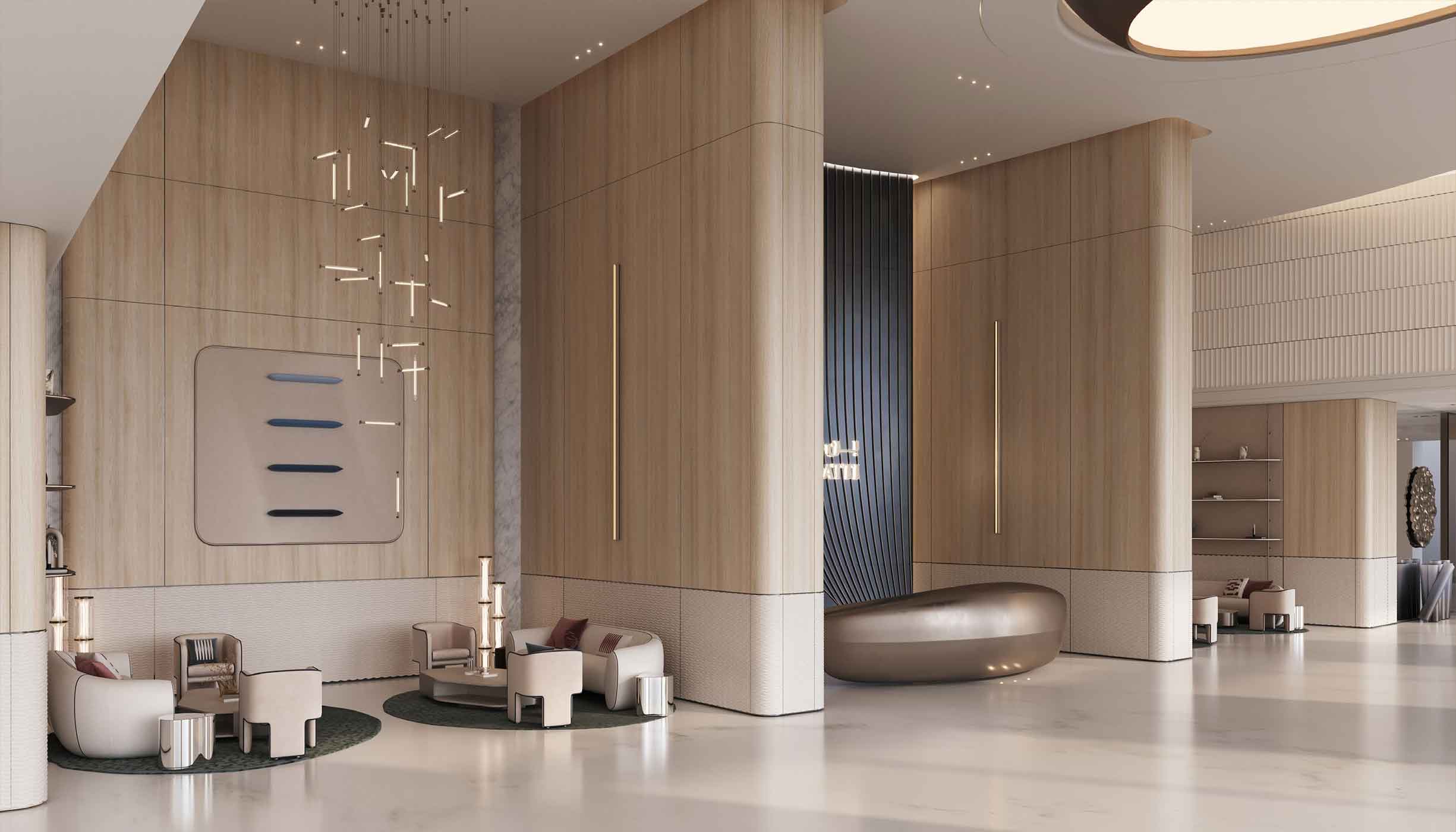Elegant living room with white decor, blue highlights, and panoramic views of sky terraces through large windows.
