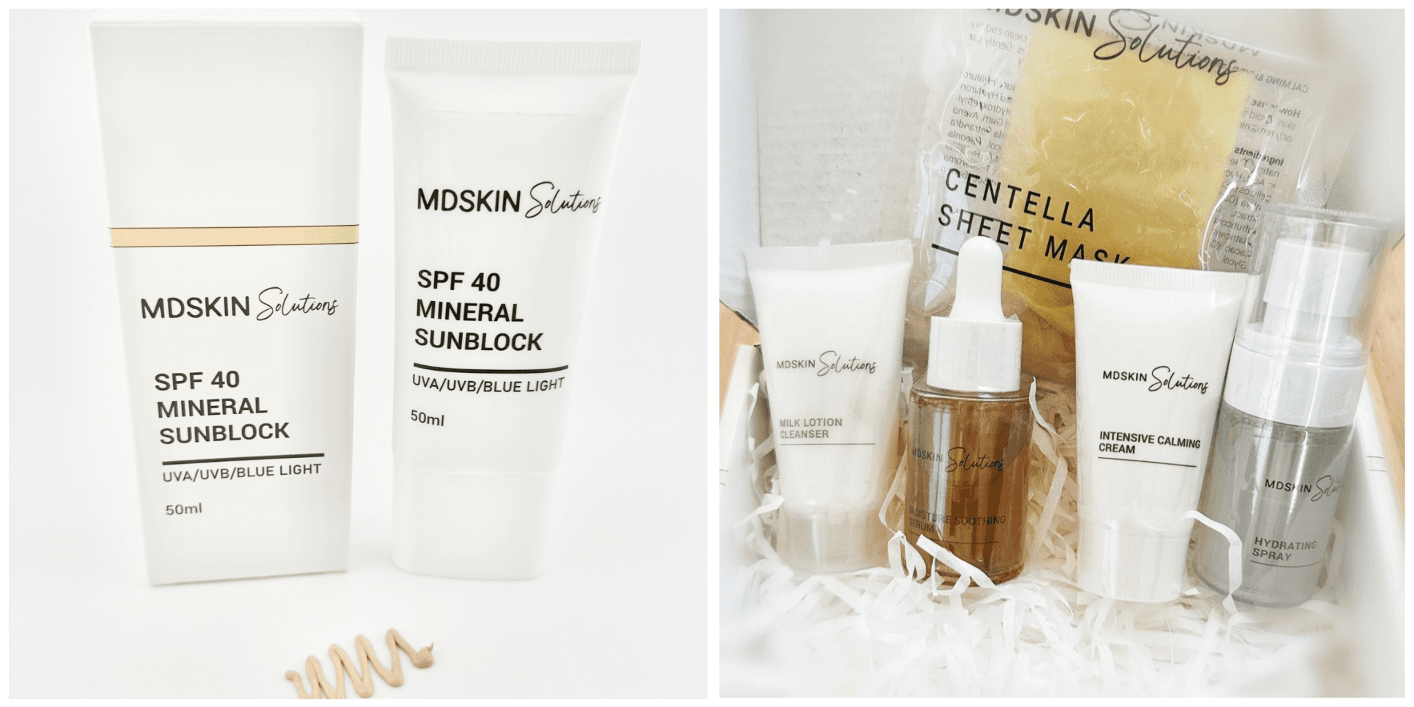 MD Skin Solutions skincare collection featuring SPF 40 mineral sunblock, cleanser, serum, calming cream, hydrating spray, and sheet mask.
