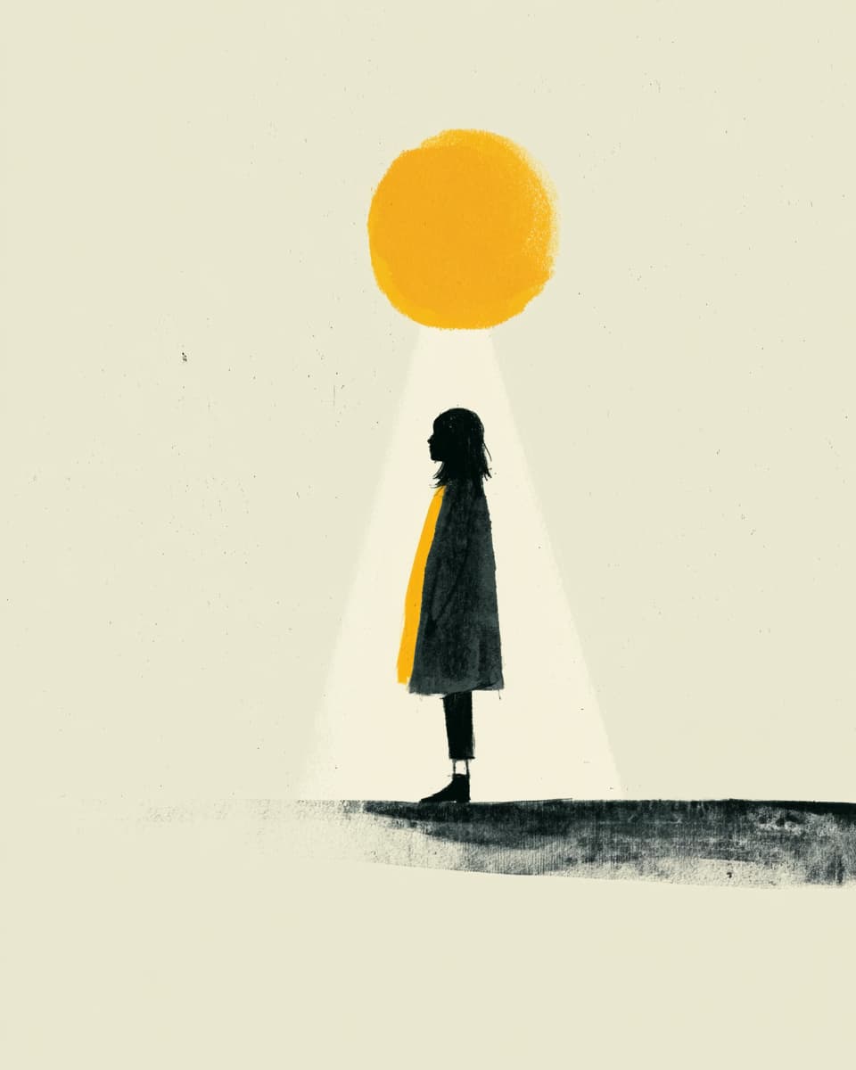 Illustration Mädchen unter Sonne, abstrakt, minimalistisch, gelb, schwarz, Licht