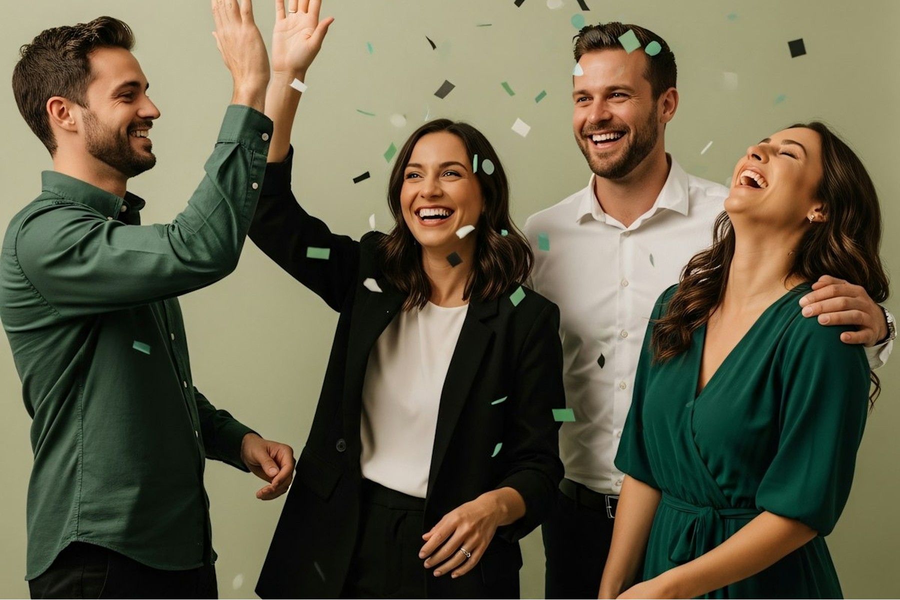A group of people high fiving and cheering