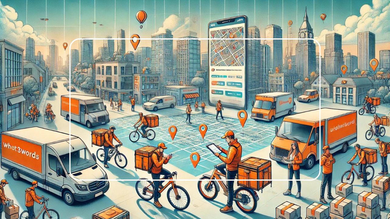 Illustration of delivery vans, cyclists, and workers using location pins and a mobile map app in a smart city