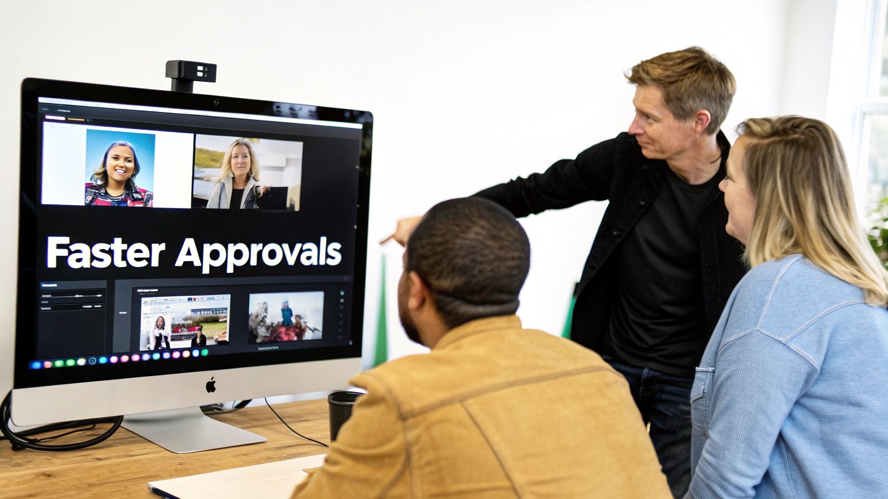 A team collaborating smoothly around a screen, showing an improved creative workflow.