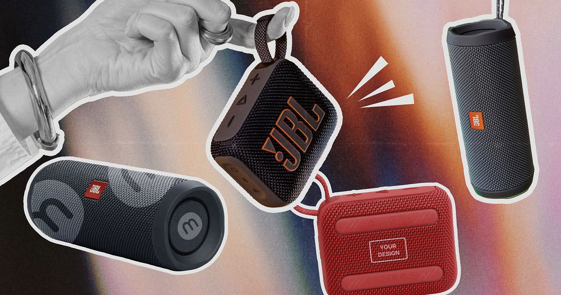 Custom branded JBL portable Bluetooth speakers in black and red, perfect for corporate tech gifts.