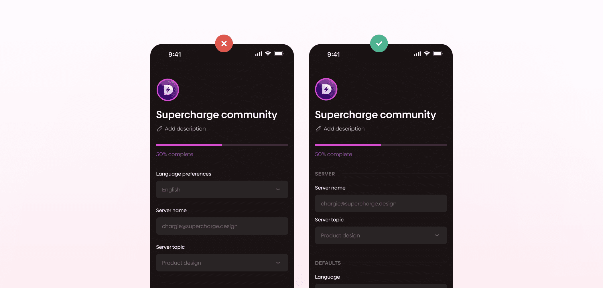 Side-by-side comparison of two mobile onboarding form layouts titled “Supercharge community,” with one marked incorrect (red X) and the other correct (green check), showing improved grouping and organization of fields in the second design.