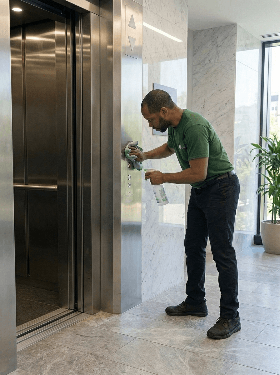 No Spots staff cleaning a elevator