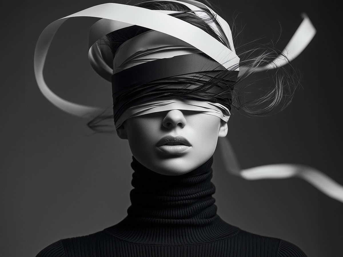 Black-and-white portrait of a person wearing a high-neck sweater, with their eyes covered by layered fabric and ribbons flowing around their head.