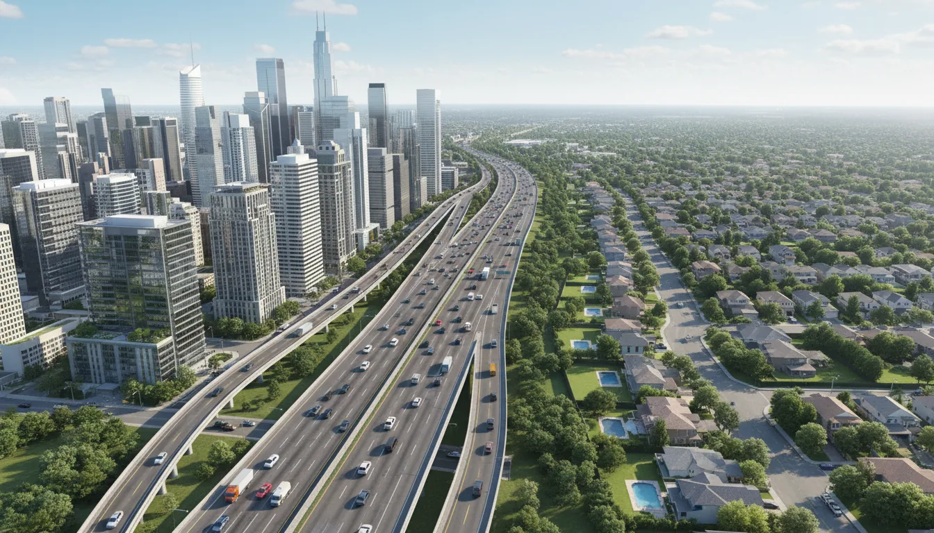High-fidelity 3D render from Unreal Engine, showcasing a detailed cityscape from an elevated high-angle perspective. The scene contrasts a dense urban downtown with modern high-rise buildings on one side and a suburban residential area with houses and green lawns on the other. A wide, multi-lane road filled with realistic traffic, including cars and trucks, runs through the center. The image features soft global illumination, bright daylight, realistic soft shadows, and highly detailed textures on roads, buildings, and foliage.