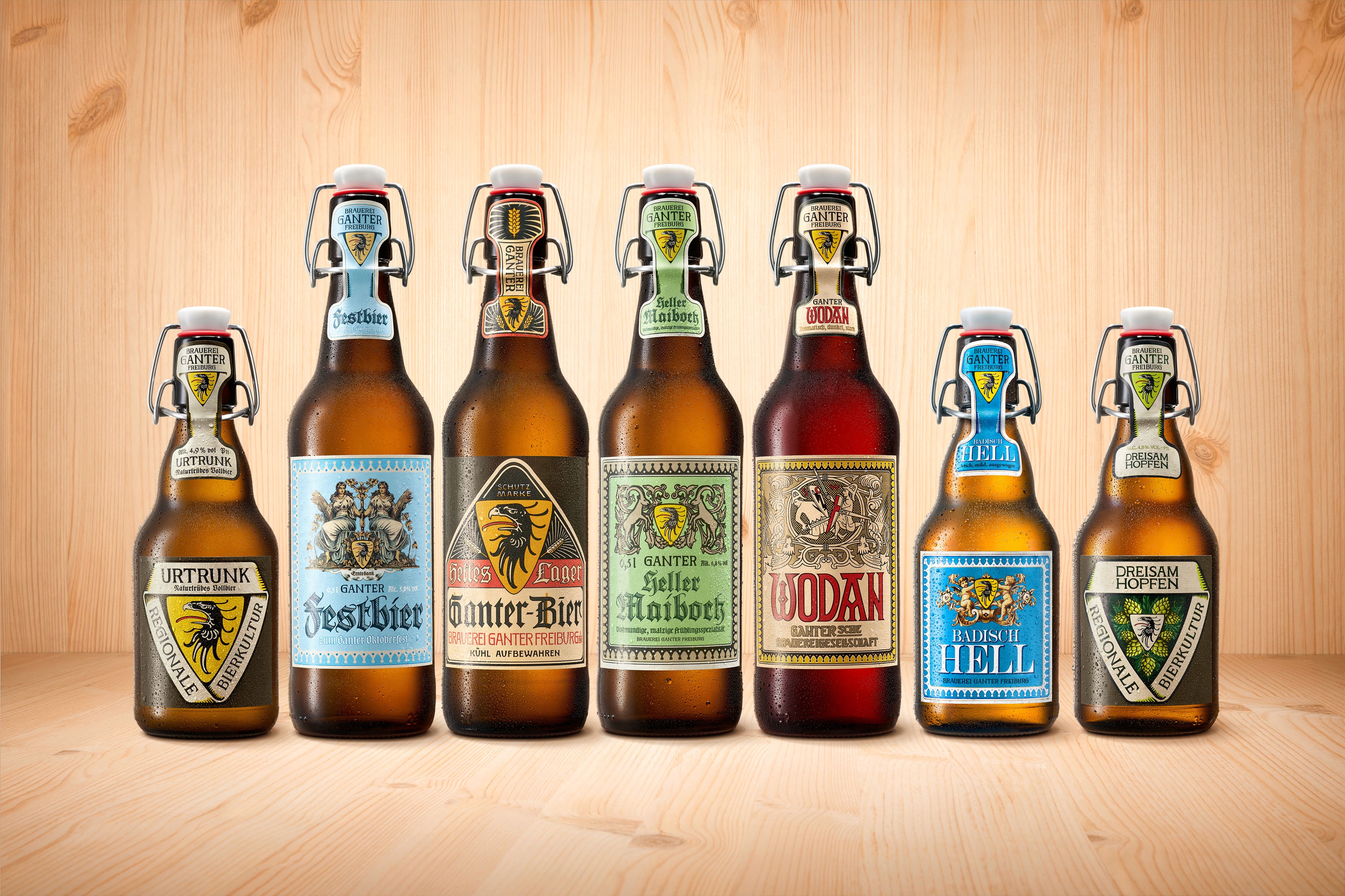 Etikettenserie für Ganter Bier Spezialitäten – konsistentes Designsystem mit subtilen Farbunterschieden für verschiedene Sorten
