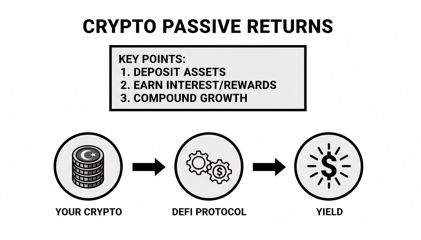 A diagram illustrating crypto passive returns through depositing assets into a DeFi protocol to earn yield.